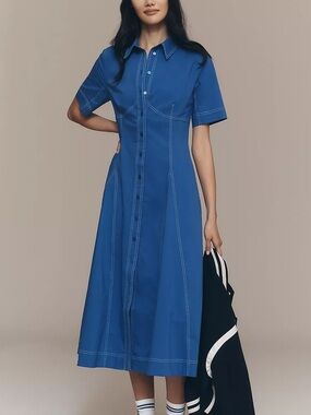 Exquise Short-Sleeve Seamed Pleated Midi Dress
